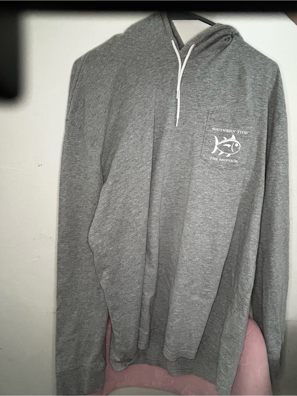 Southern Tide Heather Gray Hooded Pullover with Pocket Fish Logo